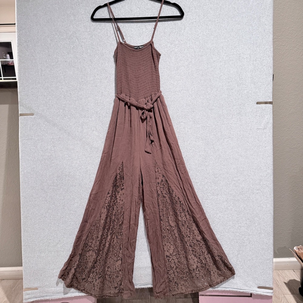 Bohemian Mauve Brown Smocked Lace Slit Wide Leg Jumpsuit Small hippie festival